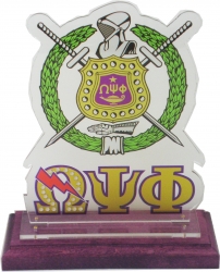 View Buying Options For The Omega Psi Phi Acrylic Desktop Crest With Wooden Base