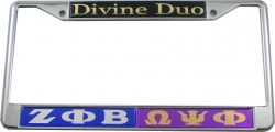 View Buying Options For The Zeta Phi Beta + Omega Psi Phi Split Divine Duo License Plate Frame