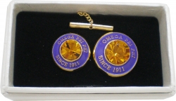 View Buying Options For The Omega Psi Phi Diamond Cut Signet Stone Lapel Pin and Tie Tack Set