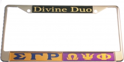 View Buying Options For The Sigma Gamma Rho + Omega Psi Phi Split Divine Duo License Plate Frame