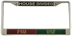 View Buying Options For The Florida State (FSU) + South Florida (USF) House Divided Split License Plate Frame