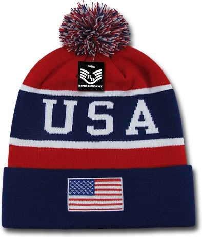 RapDom USA Flag Mens Knit Beanie Cap with Ball [Navy Blue/Red ...