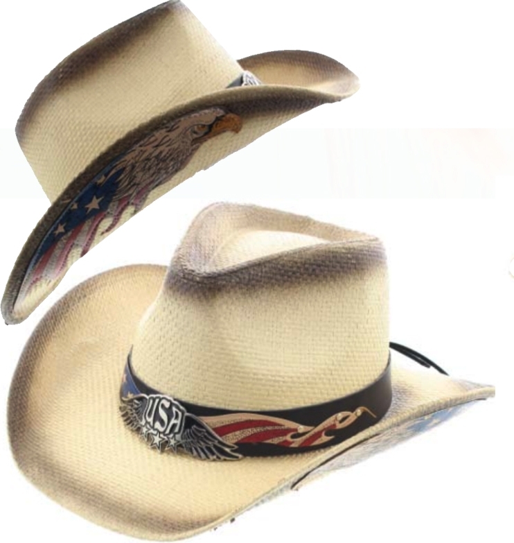 USA Winged Badge Leather Band and Eagle Flag Brim Premium Mens Straw
