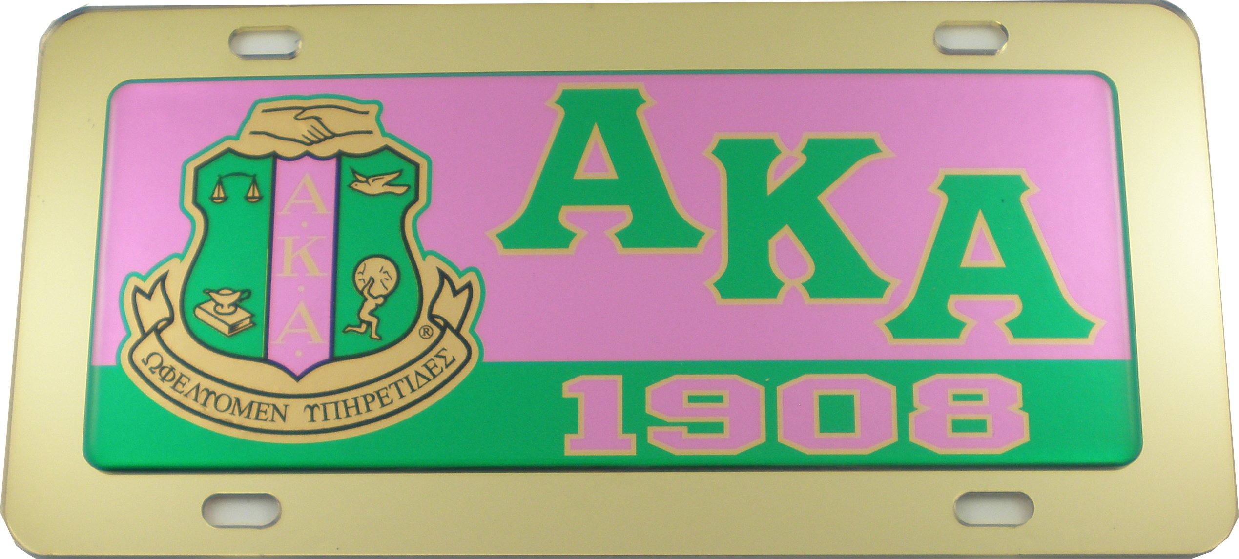 Alpha Kappa Alpha Domed Crest Mirror Car Tag License Plate [Gold Car