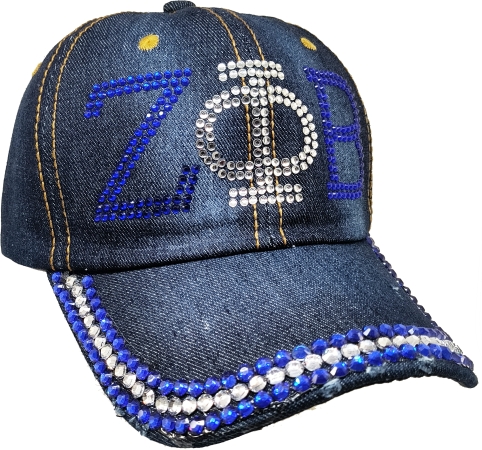 Zeta Phi Beta Distressed Denim Rhinestone Ladies Cap [Denim Blue ...