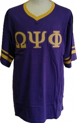 View Product Detials For The Buffalo Dallas Omega Psi Phi Striped V-Neck T-Shirt