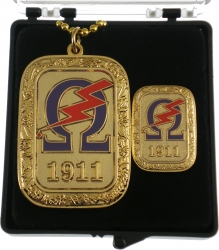 View Buying Options For The Omega Psi Phi Gold Slab Dog Tag & Lapel Pin Set