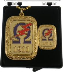 View Product Detials For The Omega Psi Phi Gold Slab Dog Tag & Lapel Pin Set