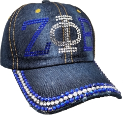 View Product Detials For The Zeta Phi Beta Distressed Denim Rhinestone Ladies Cap