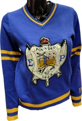 View Product Detials For The Buffalo Dallas Sigma Gamma Rho Chenille V-Neck Varsity Sweater
