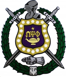 View Product Detials For The Omega Psi Phi Escutcheon Shield Wreath Emblem Iron-On Patch